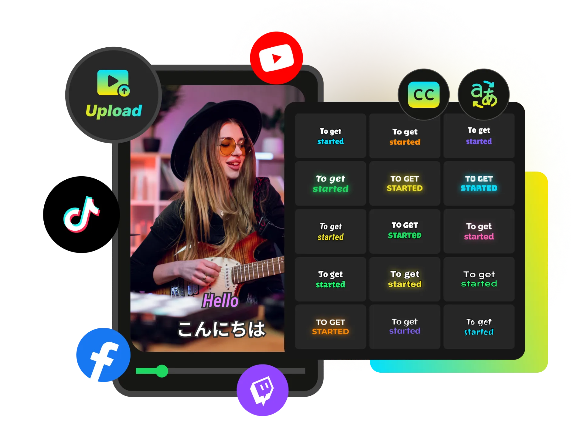 Layar ponsel yang menampilkan video viral dengan caption multibahasa animasi